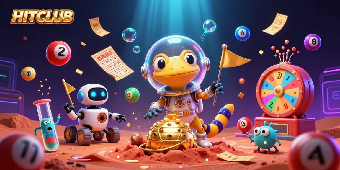 HITCLUB showcases an adventurous Martian gecko uncovering treasures in a colorful casino.