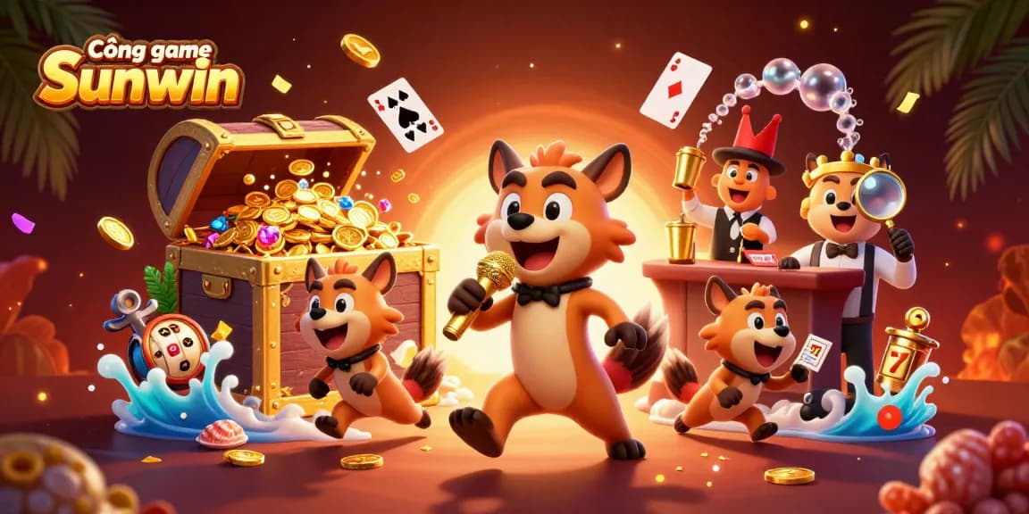 Cổng game Sunwin showcases a vibrant casino adventure with hyenas, colorful gems, and dynamic gaming action.