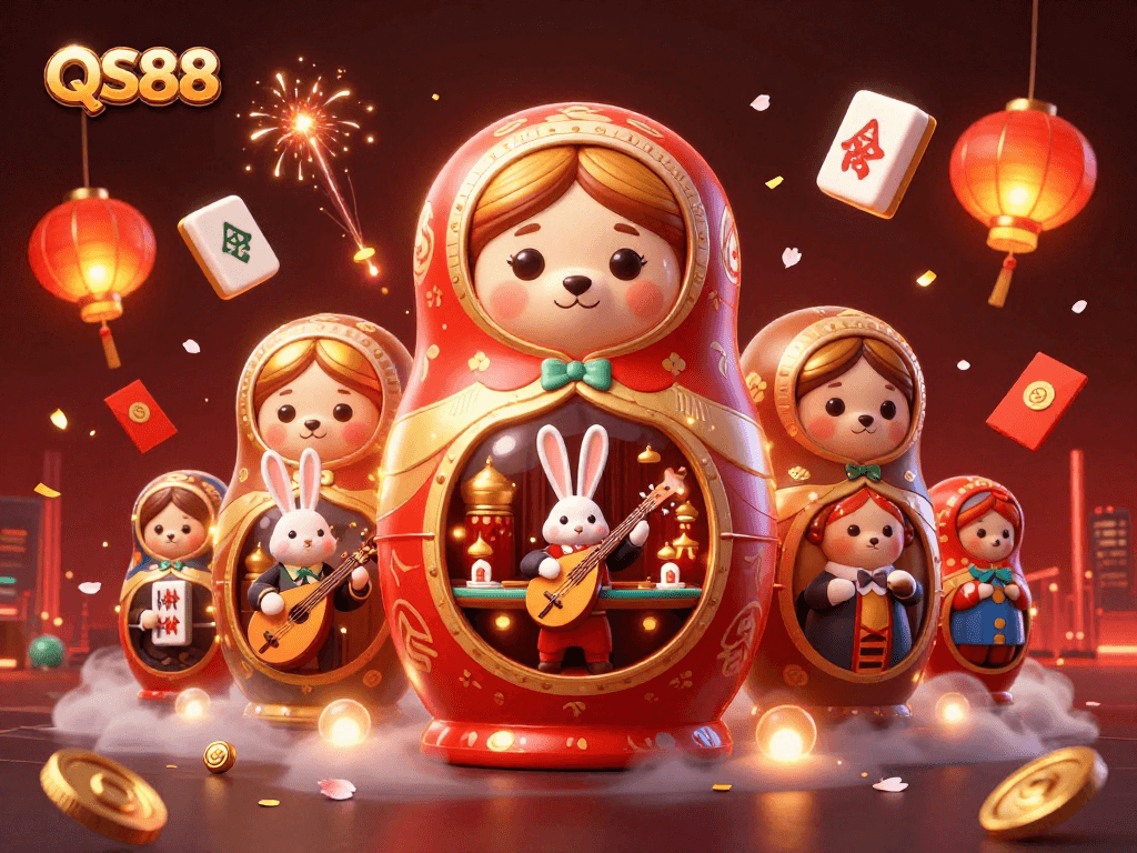 Engage in thrilling gameplay at QS88 as cartoon bears and lanterns create a vibrant casino atmosphere.