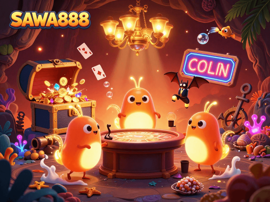 Experience SAWA888 amidst glowing glowworms lighting a cave casino filled with treasure and vibrant game elements.