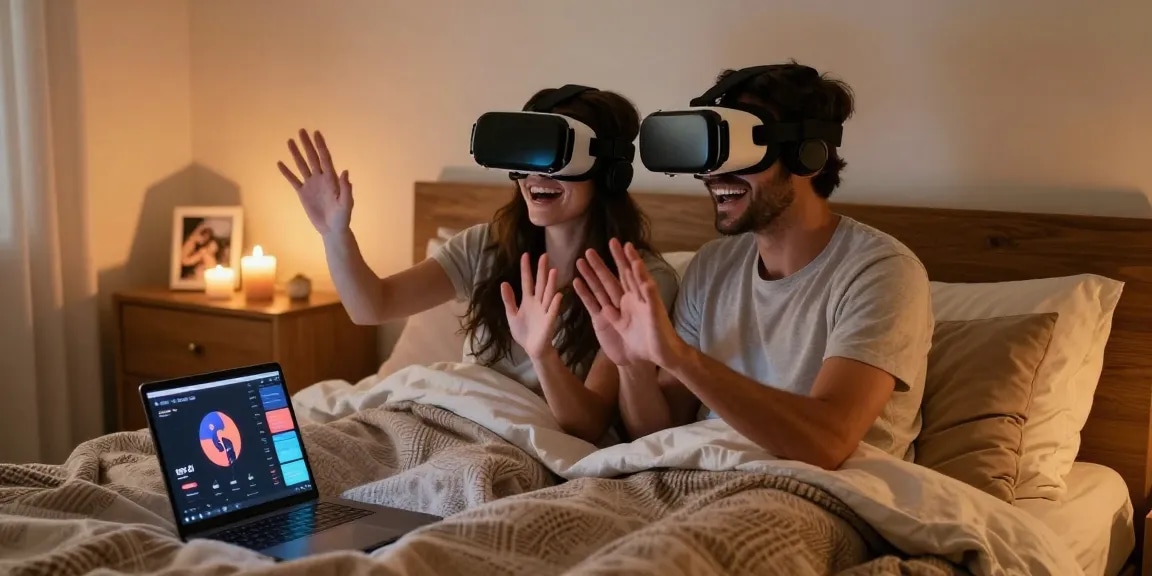 Couple engaging with sex ai virtual reality experience in cozy bedroom