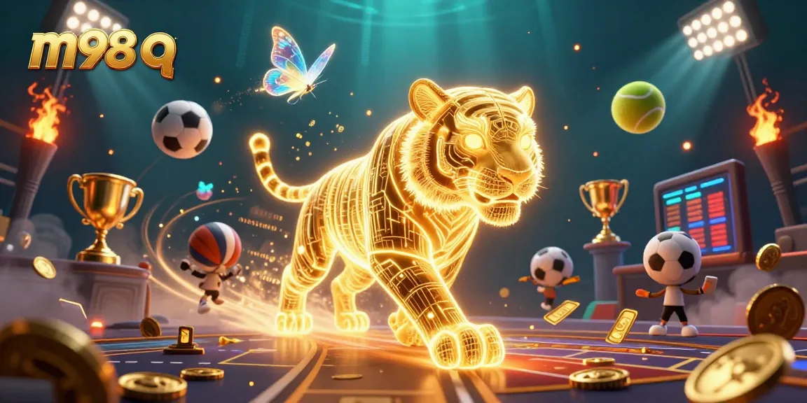 Experience thrilling gaming with m98 q in a vibrant 3D casino illustration depicting neon-tiger and sports action.