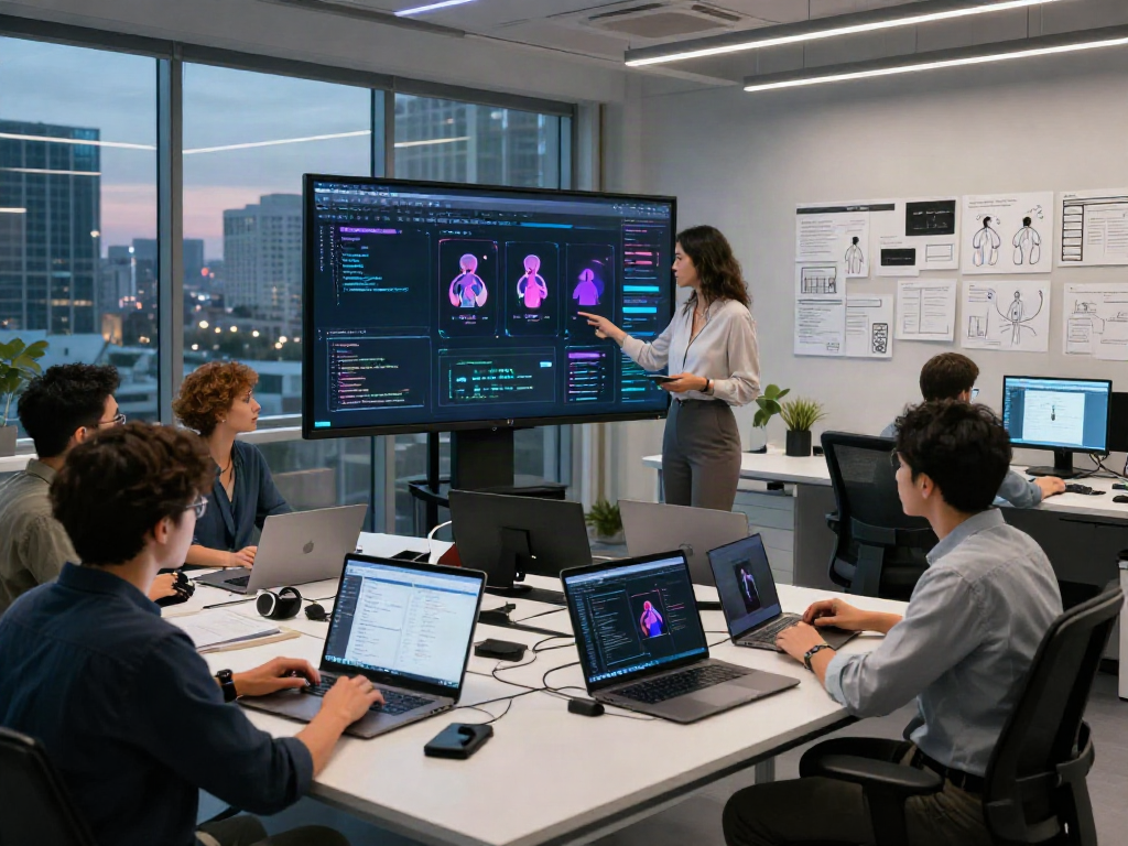 Engaging team using innovative sex AI technology for wellness applications in a modern lab.