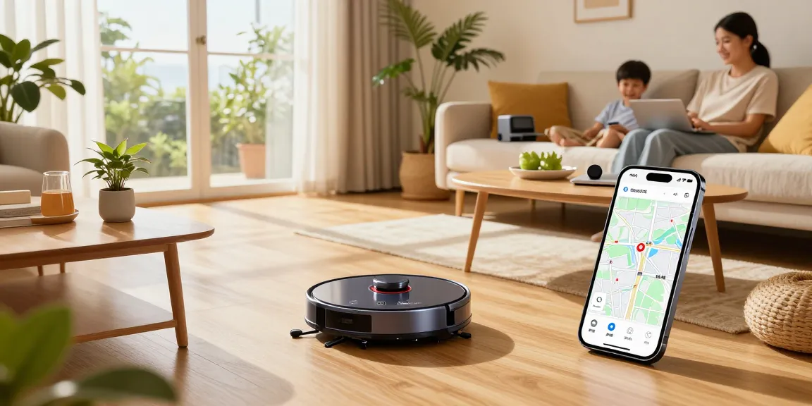 Roborock 2026 vacuum cleaner navigating a modern living room while connected to smartphone app for real-time updates.