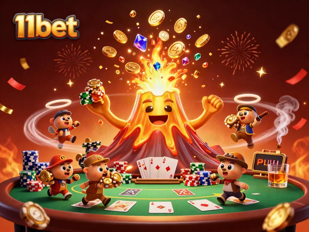 Experience the excitement of 11bet with a vibrant casino illustration showcasing golden treasures and thrilling action.