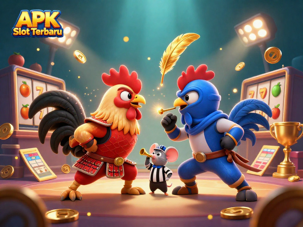 Engaging show of APK Slot Terbaru with dynamic roosters, slot reels, and vibrant game elements