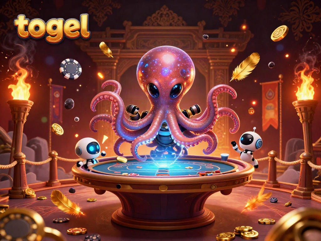 Engage in togel with a vibrant scene featuring an octopus, poker table, and dynamic casino elements.