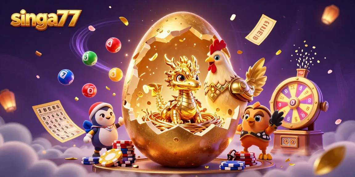 Singa77 showcases a vibrant 3D illustration of a golden dragon and casino elements, capturing the thrill of gambling.
