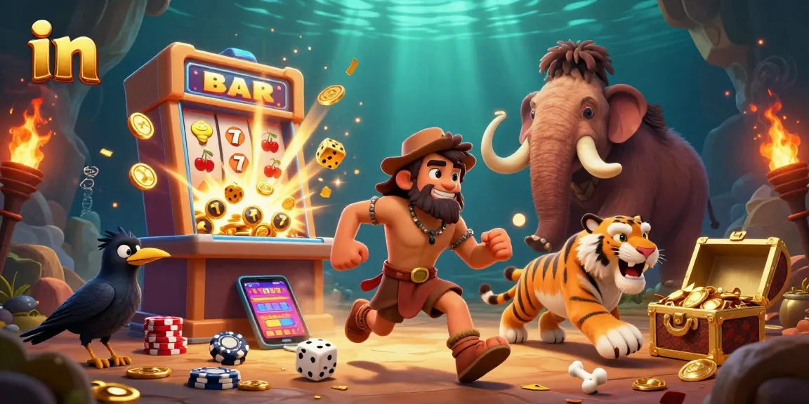 Engage in thrilling slot action in a vibrant prehistoric casino setting with colorful game elements.