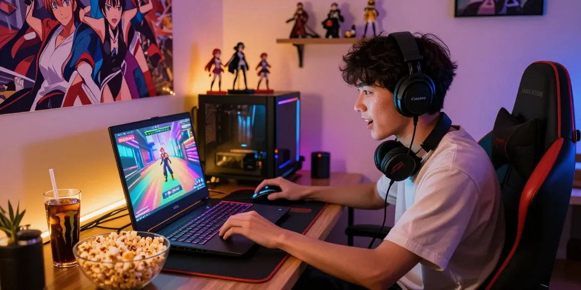 Player focused on a hentai game in a cozy gaming setup with LED lights.