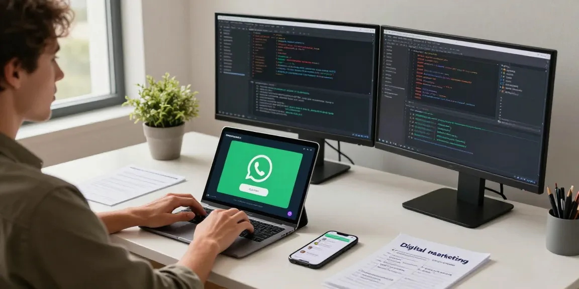 Downloading WhatsApp下載 on tablet and smartphone in a modern workspace.
