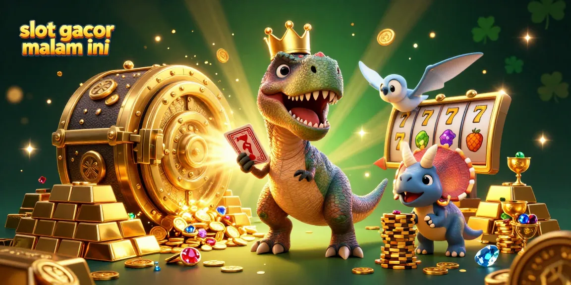 Spin the reels with luck at slot gacor malam ini, featuring a fun dinosaur card game and gold stacks.