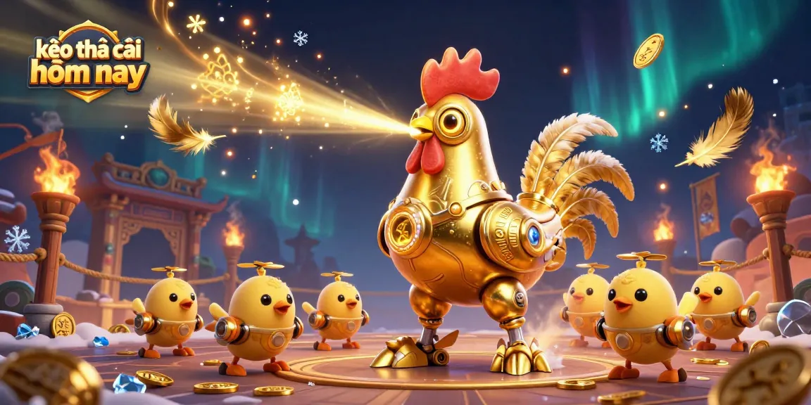 Bet on kèo nhà cái hôm nay with our vibrant 3D illustration featuring a golden rooster robot and baby chick drones.