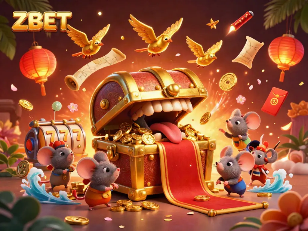 ZBET captures adventurer mice drawn to a treasure chest with riches in a vibrant casino-themed illustration.