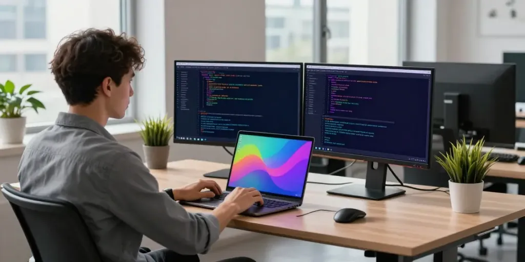 Developer coding in a modern office, showcasing instant indexing tools on dual screens.
