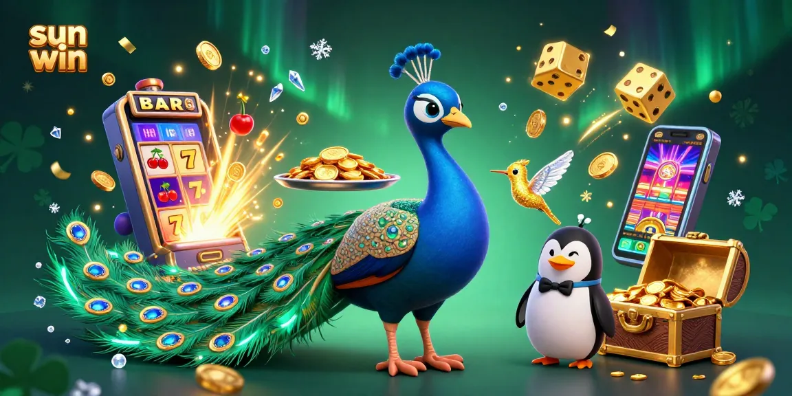 Experience the thrill of sun win gaming with colorful slots and elements depicted in a rich and dynamic illustration.