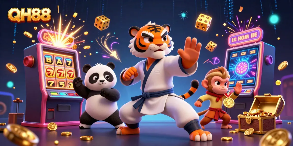 Experience QH88's thrilling jackpot scene with kung fu characters and casino games