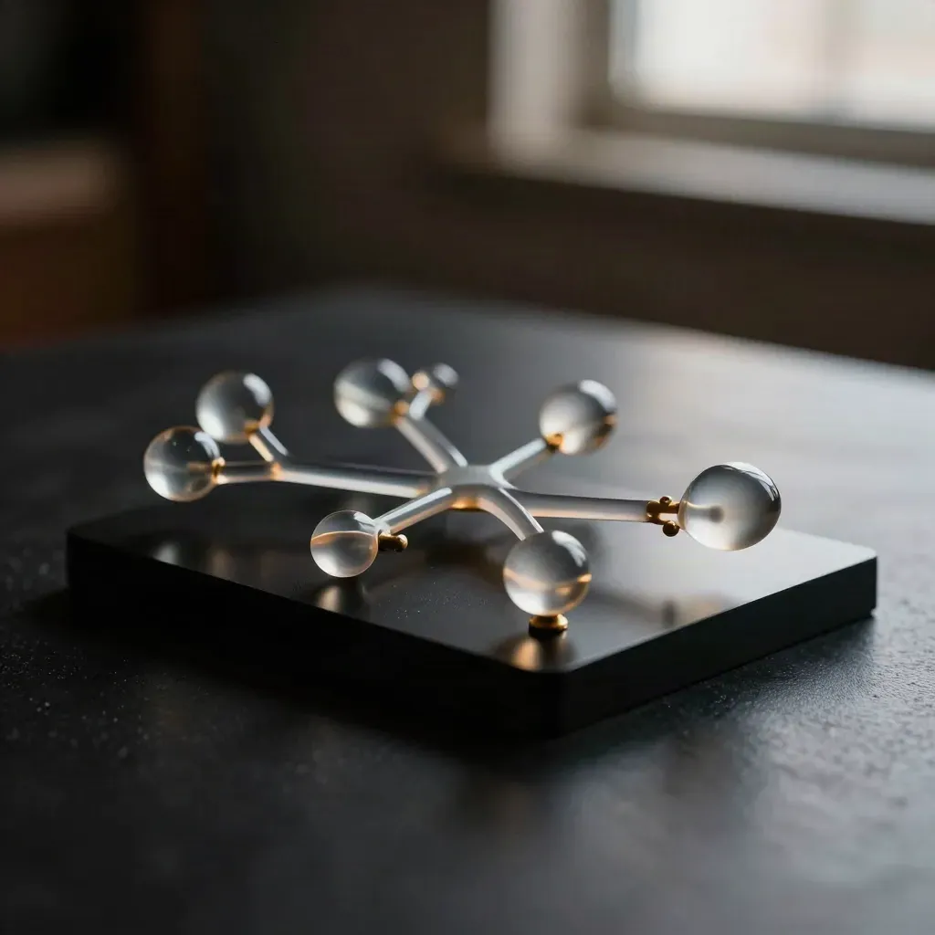 Translucent branching decision kit with gold joints on a black studio surface