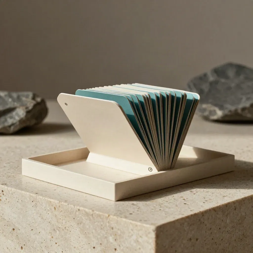 Sealed comparison pack with modular cards and stone tray in a refined lifestyle setting.