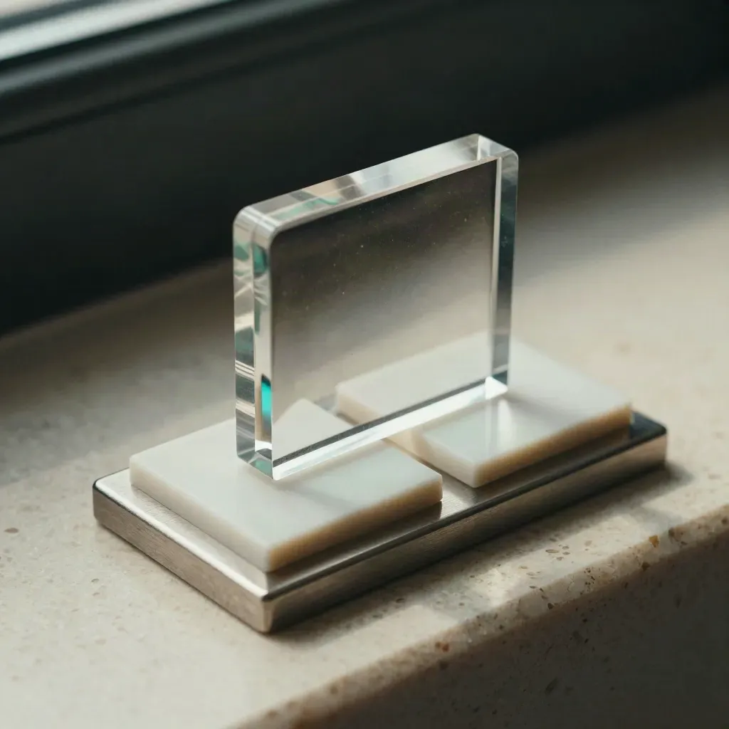 Clear acrylic pick widget on brushed metal with two tiny tiles in raking light and haze.