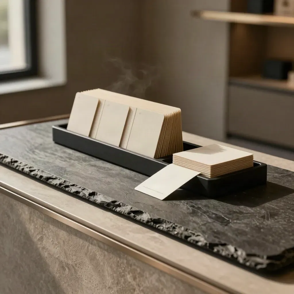 Matte black analytics console on slate ledge with sliding pale cards in a hazy showroom.
