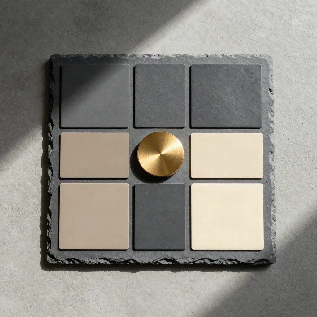 Overhead flatlay of matte comparison chips and a gold selector disc on concrete