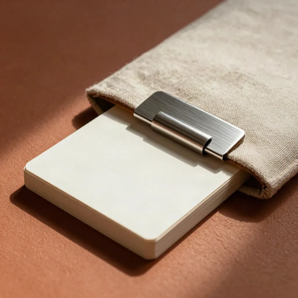 Macro of a linen sleeve, unprinted cards and clipped guide board on terracotta clay.