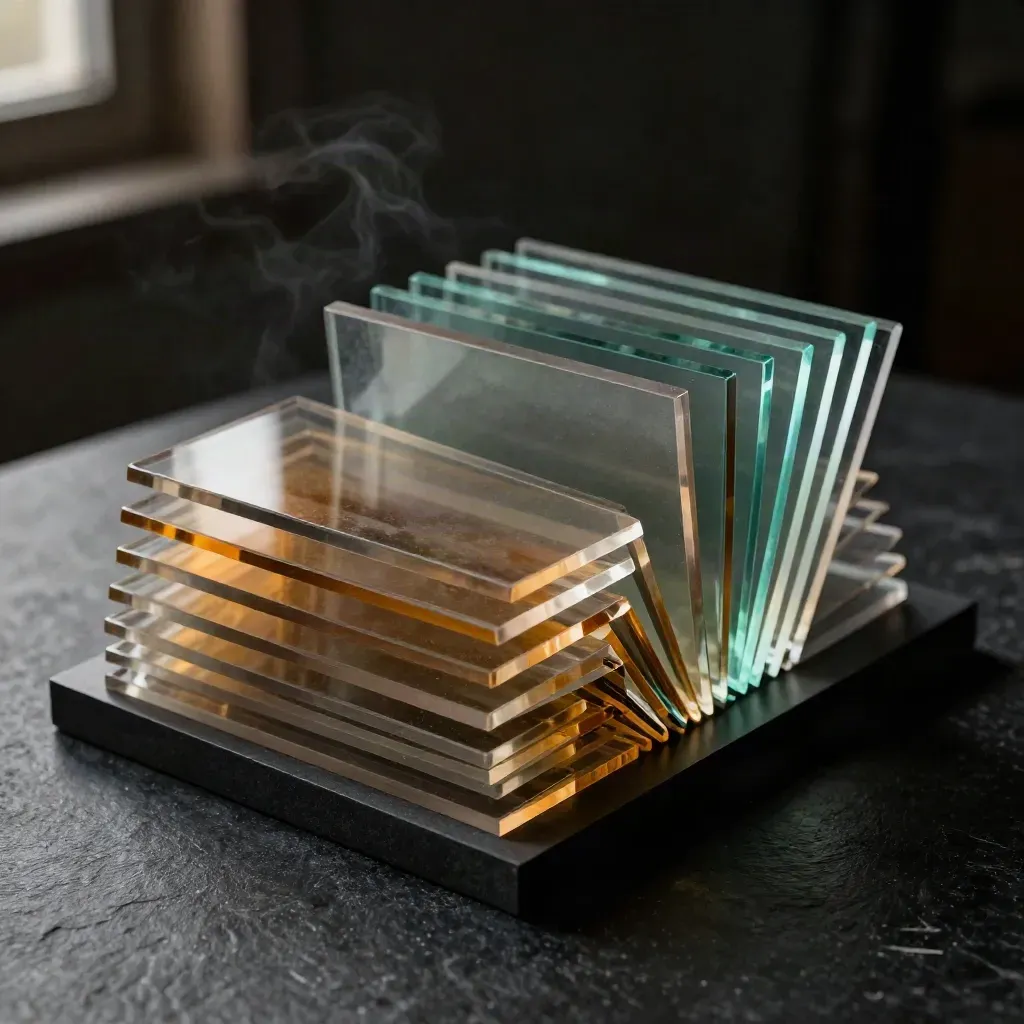 Translucent compare panes and amber tabs fanned on a dark tray in dramatic studio light.