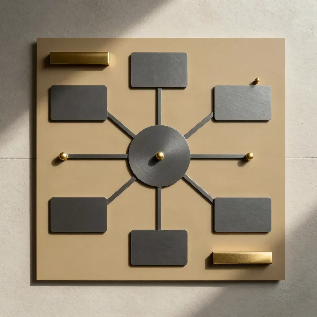 Overhead flatlay of a branching decision-tree board with gold pegs on pale concrete.