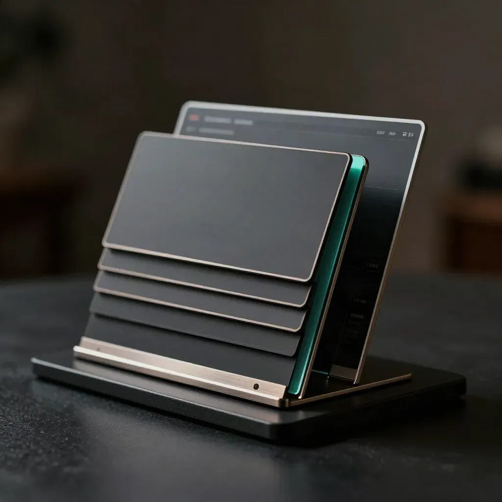 Dark cascading dashboard tiles with a small token dock on matte black, lit by teal rim light.