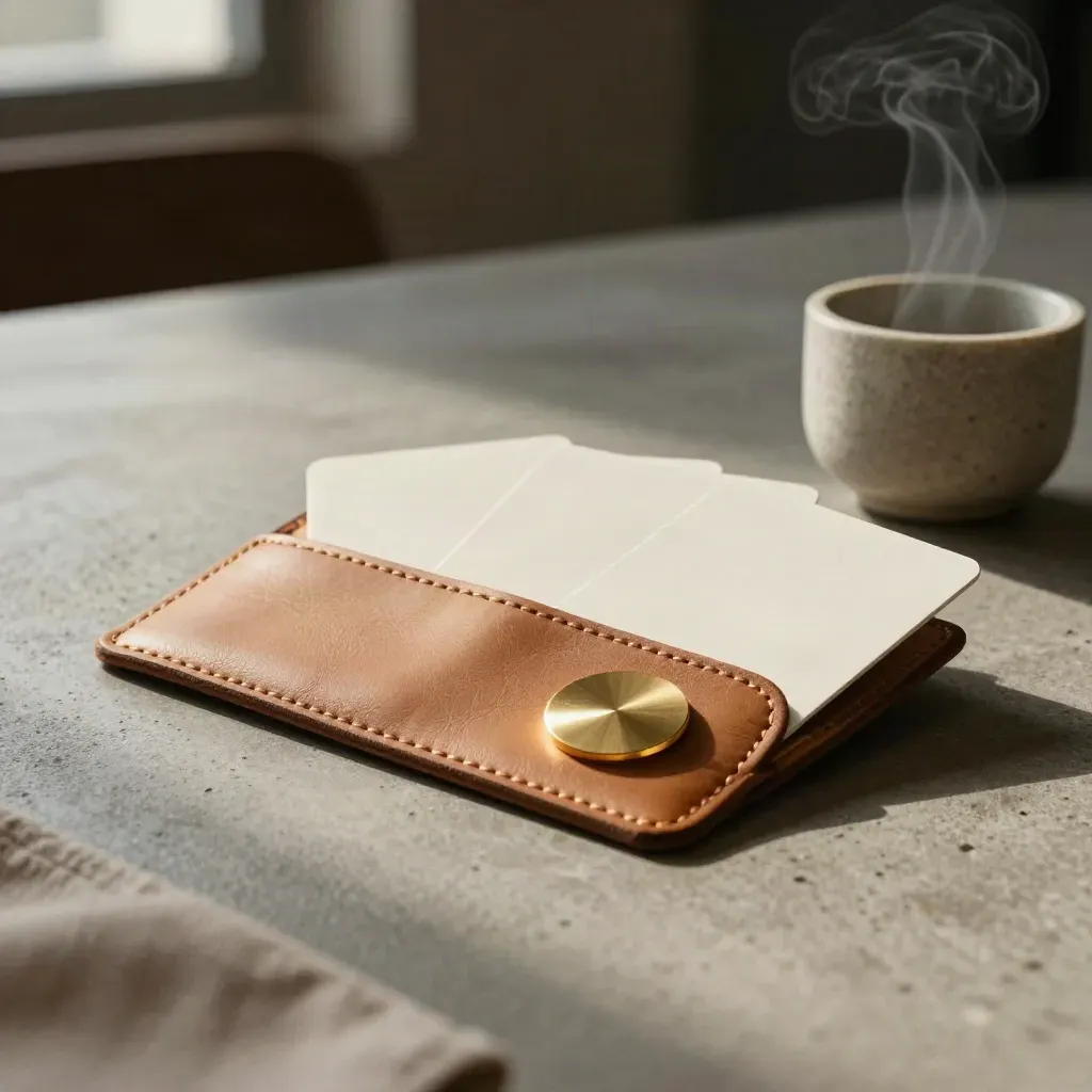 Blank onboarding cards in a leather sleeve beside a brass token and stone cup on concrete.
