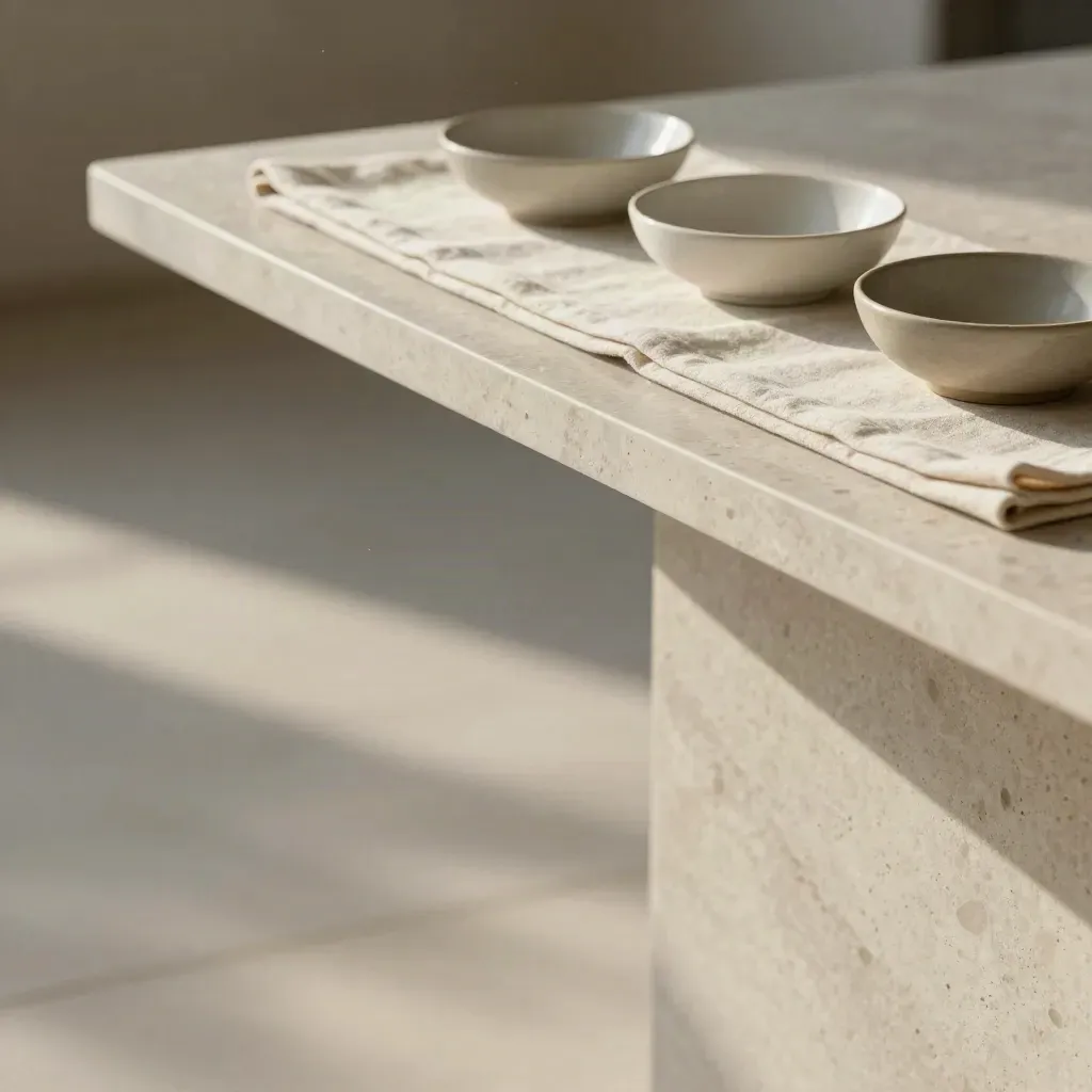 Travertine counter with linen runner and three ceramic bowls in soft sunlight.