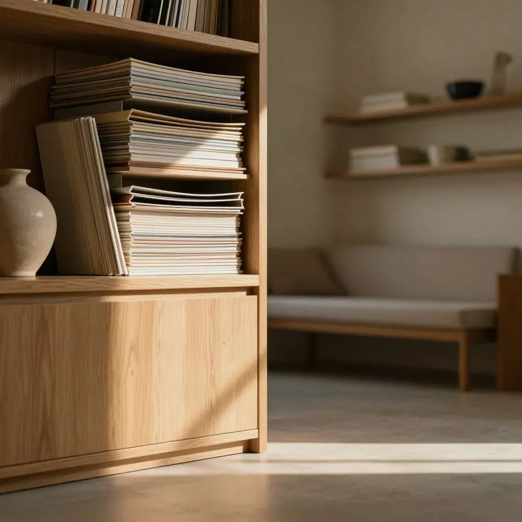 Warm oak room with stacked folders and a ceramic lamp, lit by late sun.