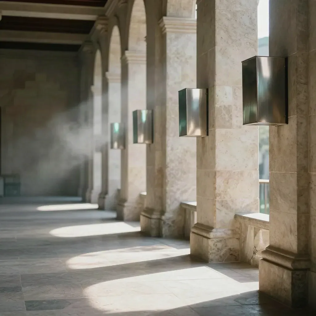 Stone arcade corridor with brushed-metal plinths, glass reflections, and calm copy space.
