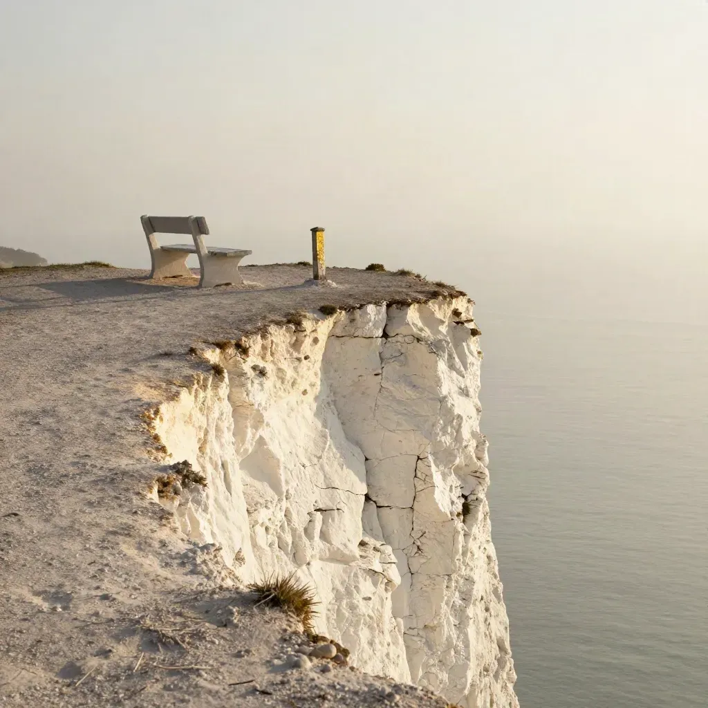 Chalk cliff path with bench and linen throw above a misty sea vista