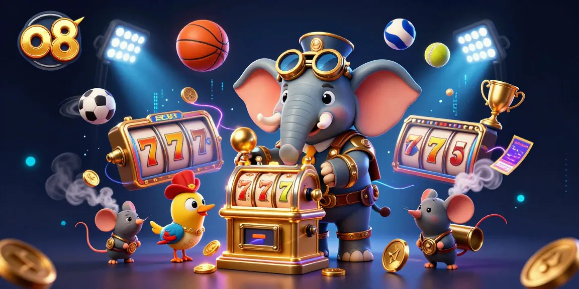 Spin the o8 slot machine with steampunk elephant and casino elements in a vibrant scene.