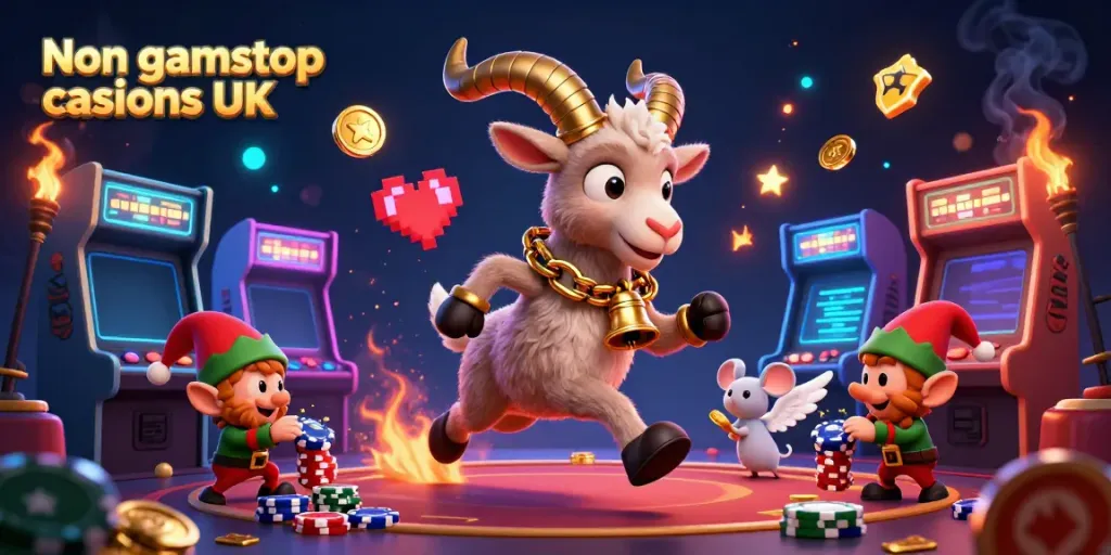 Engaging illustration of Non gamstop casinos UK with a festive Krampus goat, angel mouse, and elf gremlins in action.