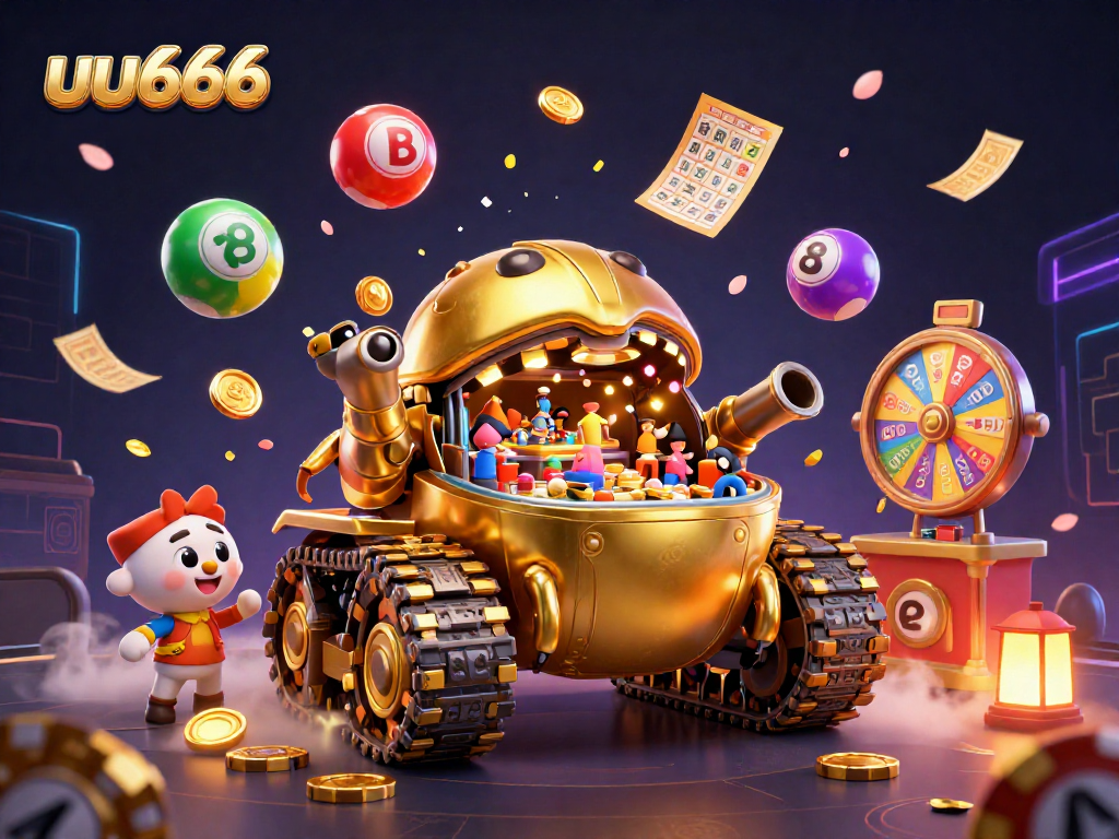 Experience the excitement of uu666's casino in a vibrant 3D illustration featuring golden beetle tank and dynamic lottery elements.