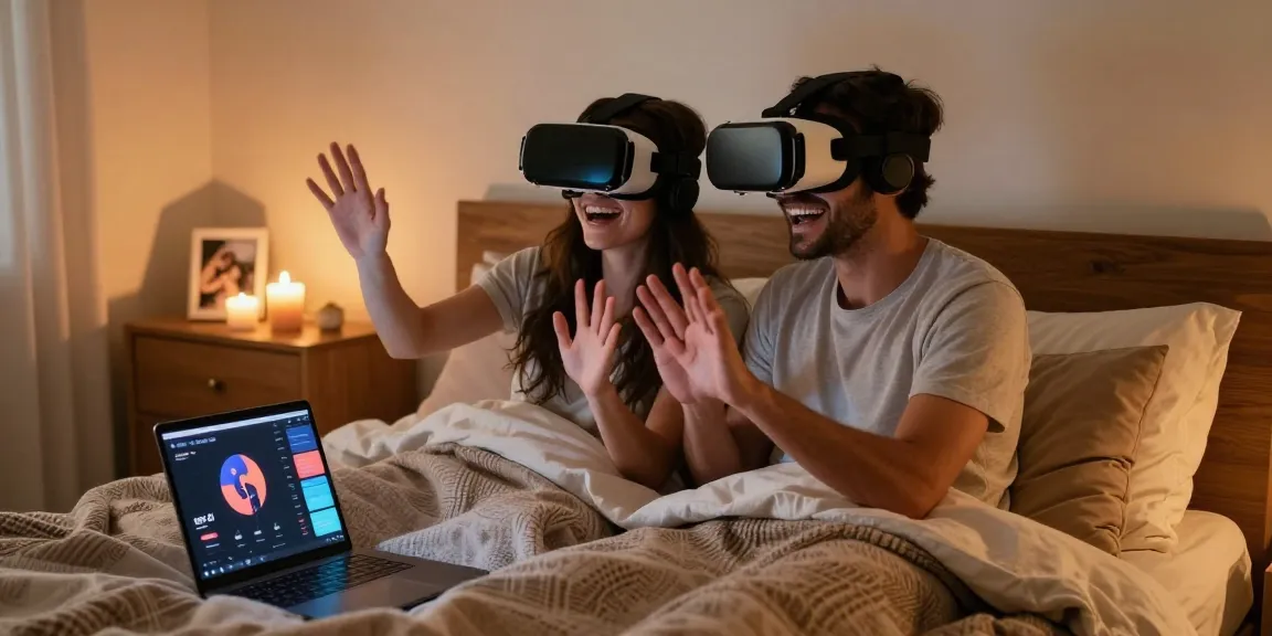 Couple engaging with sex ai virtual reality experience in cozy bedroom