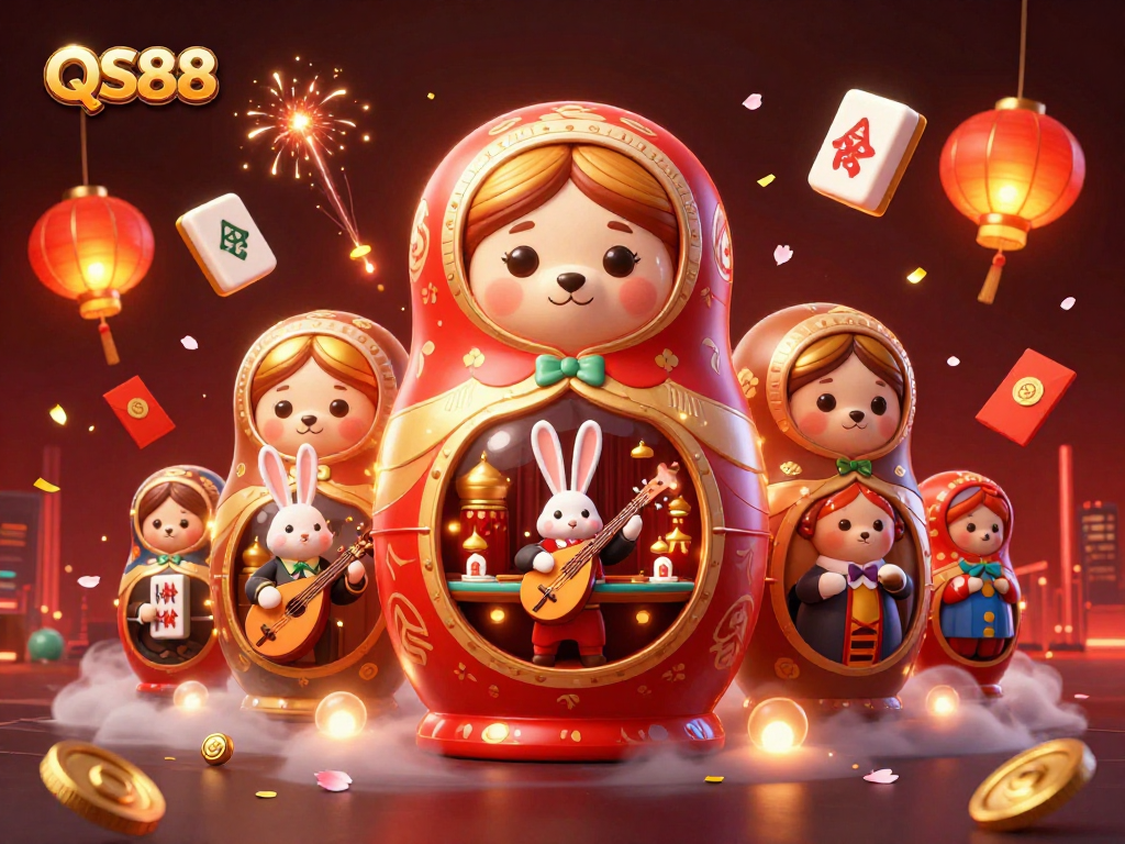 Engage in thrilling gameplay at QS88 as cartoon bears and lanterns create a vibrant casino atmosphere.