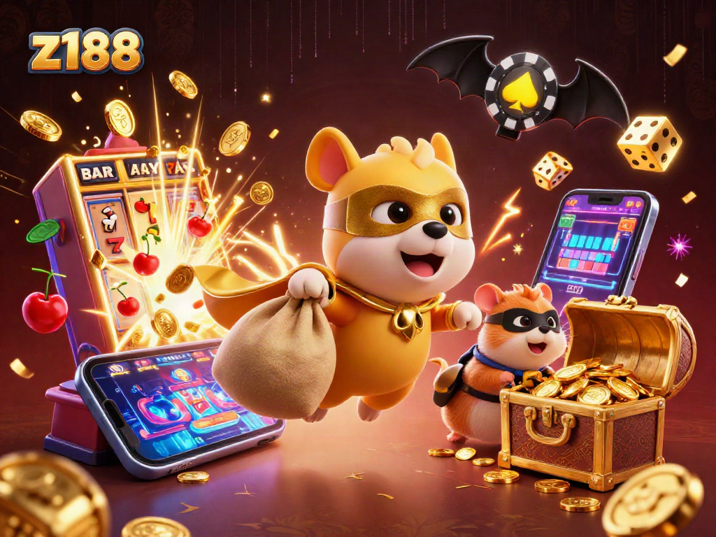 Experience the thrill of gaming with z188 as a superhero dog and hamster soar through a vibrant casino scene.