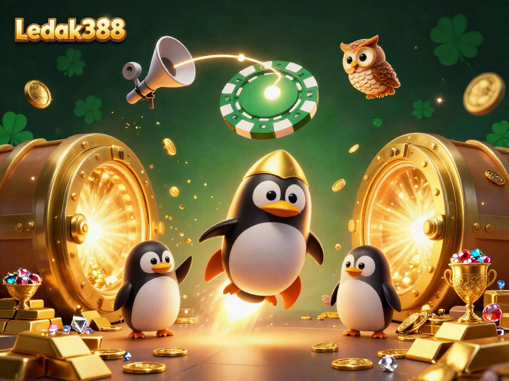 Experience the excitement of Ledak388 spinning big wins with golden treasures in a magical casino space scene.