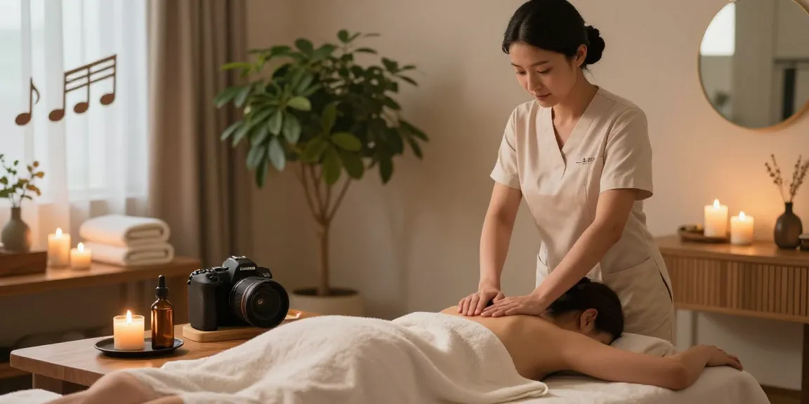 Relaxing 수원출장마사지 scene with a professional masseuse preparing oils.