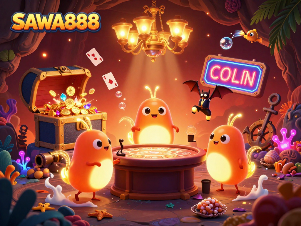 Experience SAWA888 amidst glowing glowworms lighting a cave casino filled with treasure and vibrant game elements.