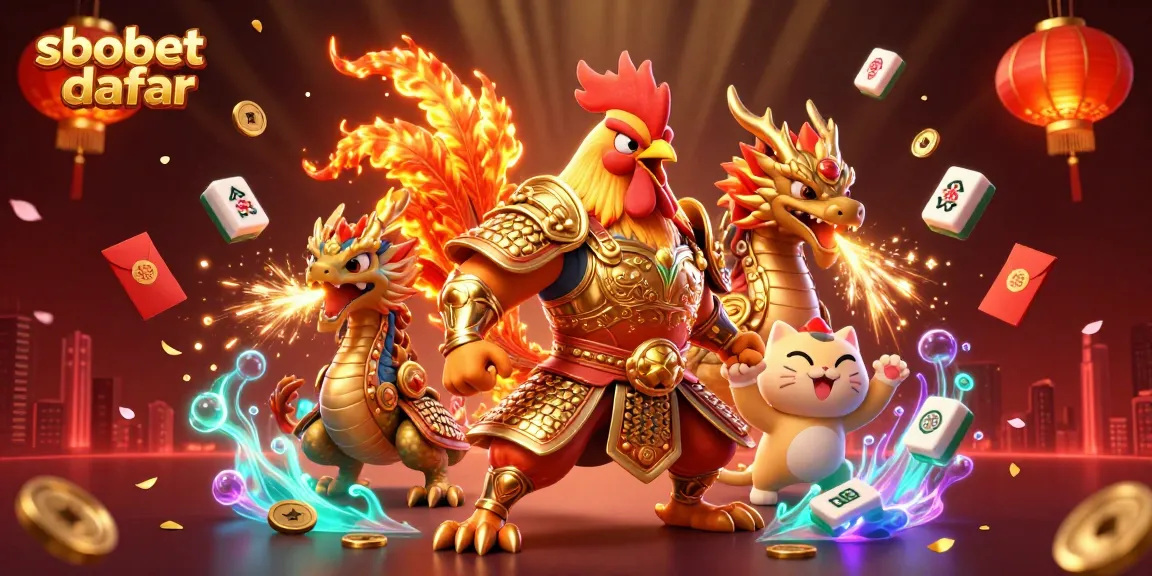 Engage with sbobet daftar through an immersive digital illustration of a samurai chicken and dragon in an energetic casino scene.