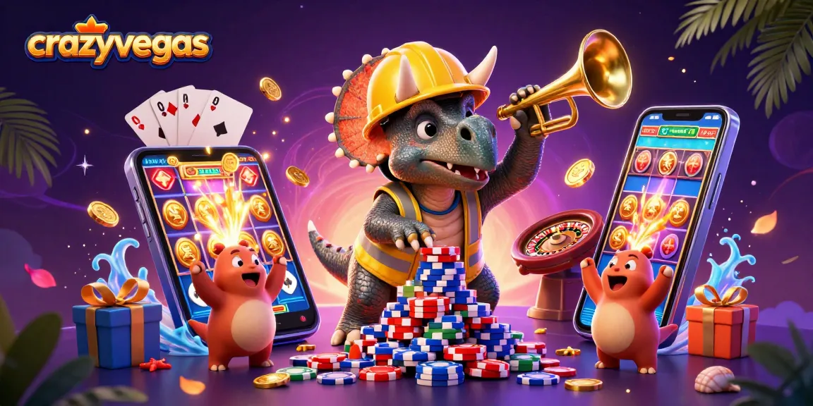 Celebrate with crazyvegas as a triceratops builds a poker chip pyramid amidst casino-themed joy.