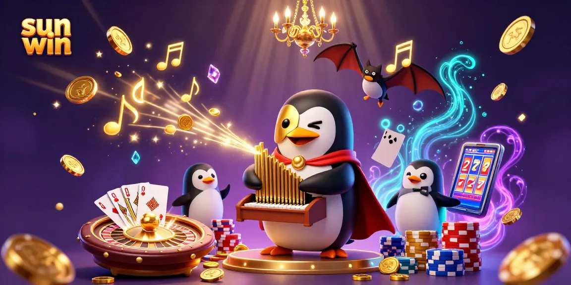 Experience sun win excitement with a penguin playing organ, surrounded by cascading coins.